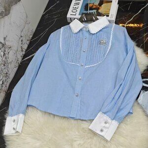Miu Miu style blue and white striped color-blocked Peter Pan collar shirt